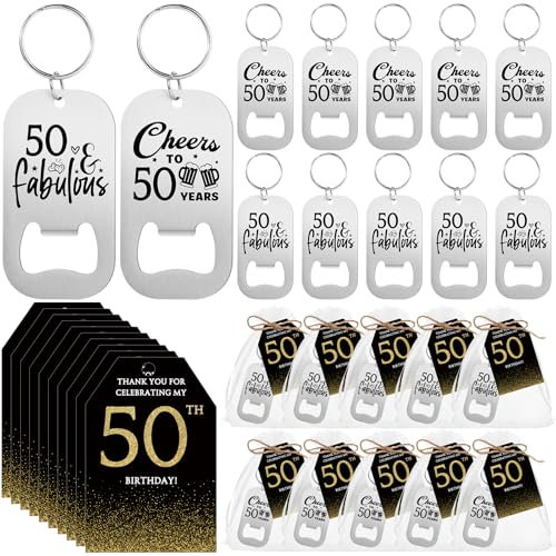 Tioncy 50 Sets 50th Birthday Party Favors: 50 Bottle Opener Keychains, 50 Thank You Cards, 50 Organza Bags, 2 Ropes - Adult, Unisex Party Favors for Birthday, Anniversary Celebrations