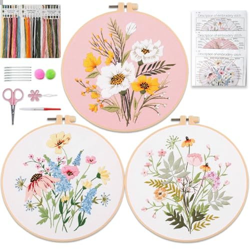 Aucuu Stickset für Anfänger, 3 Stück Sticken Set Erwachsene, Blumenmuster Pflanzen Sticken Set, Embroidery Starter Kits, Kreuzstich Set, Erwachsene Stickerei Set mit 1 Stickrahmen 6 Nadel 34 Stickgarn