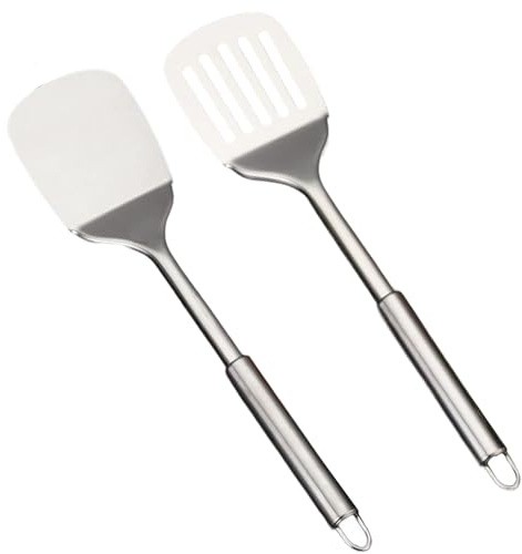 Edelstahl Spatel Set Wok Pfannenwender Edelstahl - 34,5cm Silberner Pfannenwender Robuster Küchenspatel mit Hoher Hitzebeständigkeit Küchenspatel für Antihaft-Kochgeschirr Spülmaschinenfest