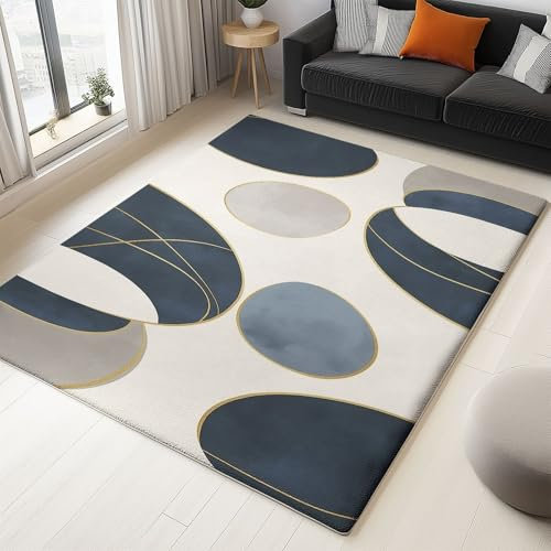 Abstraktes Oval Drucken Teppich, Waschbarer Flanellteppich, Weiche rutschfest Kurzflor Grau Teppich für Wohnzimmer Schlafzimmer kinderzimmer 120x170 cm Leicht zu Reinigen
