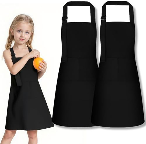 Vimmvid 2 Stück Kochschürze Kinder mit 2 Taschen Verstellbare schürze Kinder für Jungen Mädchen Backschürze für Kochen Backen Malen Basteln Grillen Aktivitäten (Schwarz)