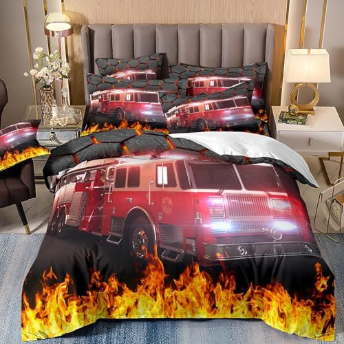 VOGIAY Feuerwehr Themen Bettwäsche Set, Feuerwehrwagen Bettbezug 155x220cm + 2 Kopfkissenbezug 80x80cm Mikrofaser Jungen Jugendliche Zimmer Dekorativ Fahrzeug Auto Coole Feuerwehrmänner Bettwäsche