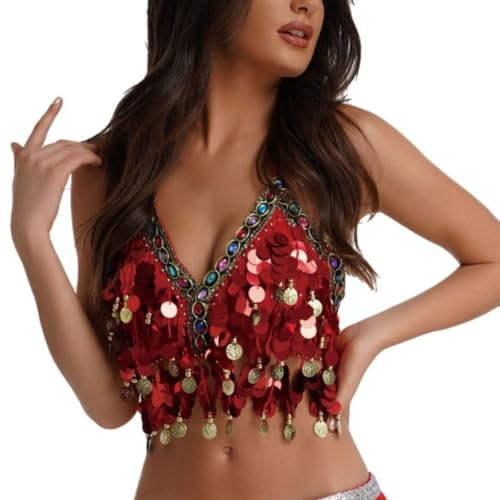 Top con reggiseno per danza del ventre latino con paillettes, top corti con scollo all'americana, frange nappe per danza del ventre latino paillette scintillanti, canotta for spalline schiena scoperta