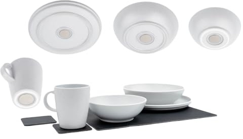 Silwy® Juego de vajilla magnética Dolomit White – 11 piezas de vajilla de plástico con diseño Stonetouch | para autocaravana, camping y barco, sin traqueteo e irrompible, incluye almohadilla y