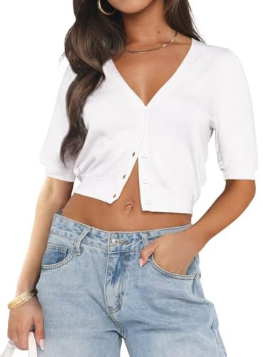 LACOZY Women's 2025 Summer Short Sleeve Cardigan V Neck Button Down Ribbed Knit Casual Cropped Sweater Tops White L