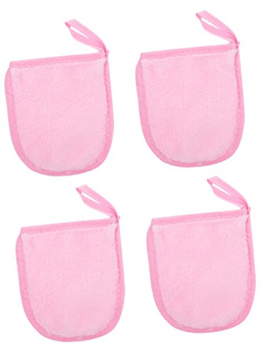 FOYTOKI 4Pcs Pink Face Cleaning Gloves Makeup Removal Puff Reusable Washable Cosmetic Powder Cleaning Gloves for Gentle Skin Cleansing and Makeup Removal Travel Friendly Design