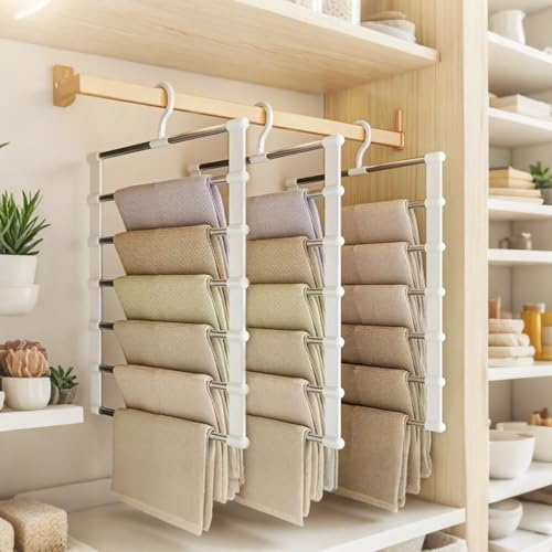 Pack of 3 Trouser Hangers, Wardrobe Organiser,Scarf Holder with 360° Swivel Hook，Wardrobe Organiser and Space Saver Trouser Rack，6 in 1 Space-saving Hangers for Jeans, Scarves (3pcs)
