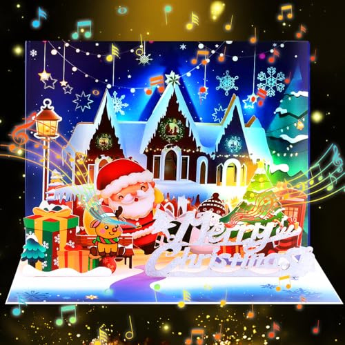 CNLITIHEKA Musikalische Weihnachtskarte mit Licht, 3D Pop Up Weihnachtskarten mit Lichtern & Musik für Mädchen Jungen
