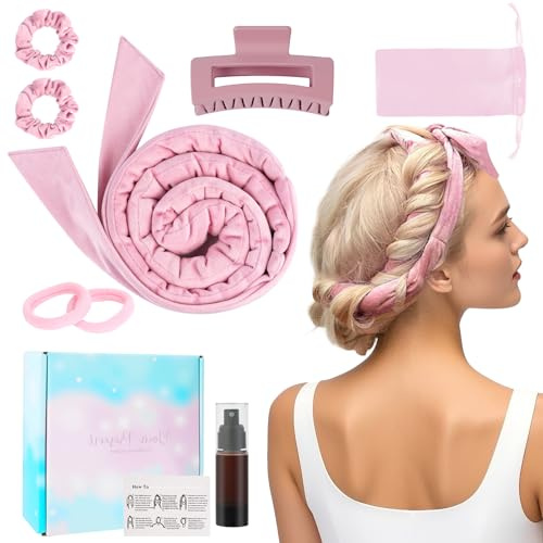BUTBU 8Stück Heatless Curls, Samt heatless curls Band,Hair Curler Overnight | Lockenwickler über Nacht, DIY Hair Curler Rollers Set, Locken Ohne Hitze Für Lange Haare (Rosa)
