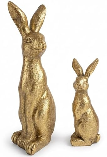 khevga Deko Hase 2er Set Gold – Osterdekoration Figuren aus Polyresin, glänzende Hasen Deko modern, Tischdeko Ostern 22 cm & 13 cm hoch