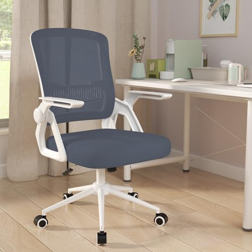 naspaluro Ergonomic Office Desk Chair, Height Adjustable Executive Work Computer Chairs with Padded Seat Cushion, Swivel Mesh Chair with 90° Flip-up Armrest & Lumbar Support for Home/Office-Dark Blue