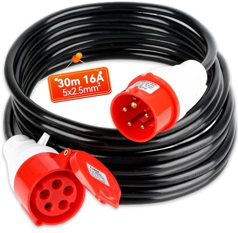 Warmfay CEE Verlängerungskabel 30m, 400V 16A Starkstromkabel Gummi, 5x2,5mm² Starkstromkabel CEE Verlängerung IP44 Außenbereich Baustelle Werkstatt Industrie