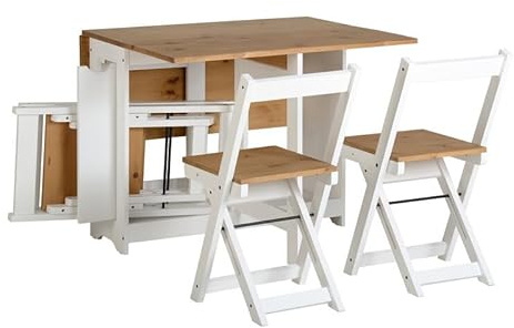 Buyqualia Set de Mesa Plegable con Tapa Color safir y Patas Blancas + 4 sillas Plegables – con alas abatibles y Espacio de almacenaje para Las sillas - 115x95x76 cm