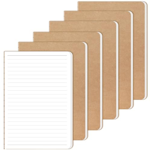 RITOLLO 6 Stück A5 Notizbuch Liniert, Kraftpapier Einband, 80 g/m² Premium Papier, Notizblock A5 Ideal zum Notieren für Schule, Büro & Zuhause