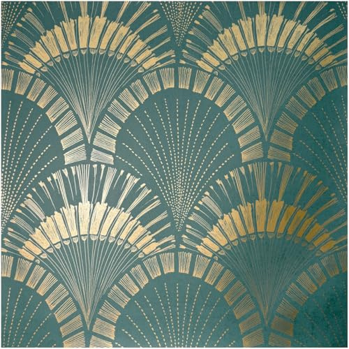 Full Roll Teal and Gold Art Deco Wallpaper Metallic Fan Shell Pattern Luxury Geometric Design Glamorous Feature Wall Covering for Living Room Bedroom Hallway