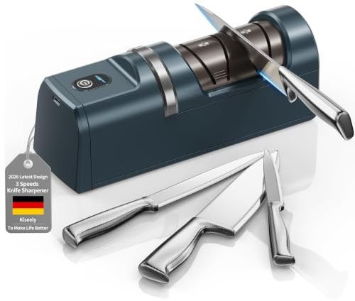 Elektrischer Messerschärfer, 5-in-1 Messerschärfer mit 3-Geschwindigkeiten Einstellung, wiederaufladbarer Diamantmesserscharfer für raue und feine Messerschärfe (Grün)