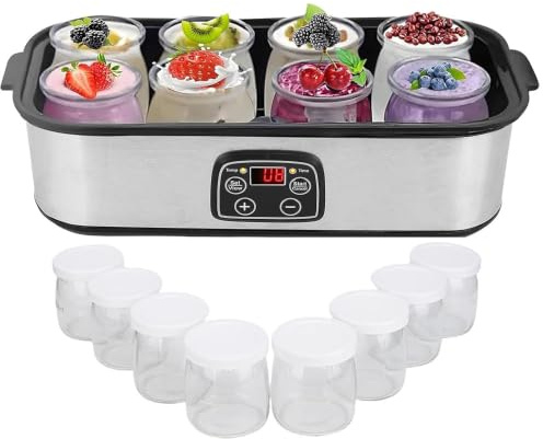 WSGDSG Yogurtiera Elettrica in Acciaio Inox con 8 Vasetti in Vetro, Display a LED, Temperatura Regolabile e Timer, per Preparare Il Natto Biologico