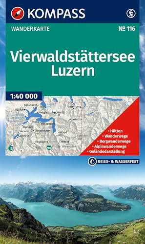 KOMPASS Wanderkarte 116 Vierwaldstättersee, Luzern 1:40.000: markierte Wanderwege, Hütten, Radrouten