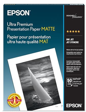 Epson Ultra Premium Presentation Paper MATTE (8.5x11 Inches, 50 Sheets) (S041341),White