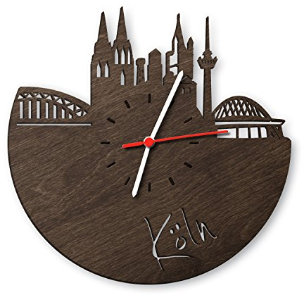 GRAVURZEILE Skyline Köln Wanduhr aus Eichen-Holz geräuchert Design Uhr aus Echtholz Wand-Deko Originelle Wand-Uhr Moderne Wand-Uhr im Skyline Design Wand-Dekoration aus Natur-Holz