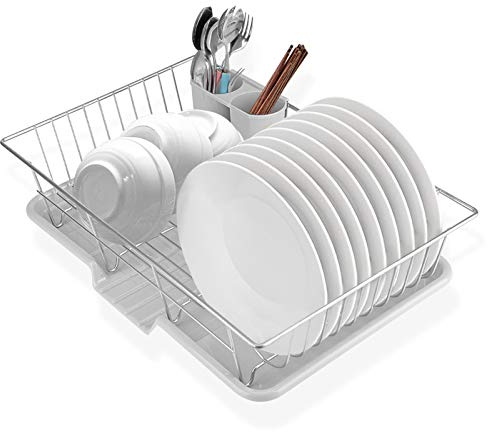 Ejoyous Abtropfgestell, Galvanischer Stahl Abtropfgitter mit Abtropfschale Metall Abtropfständer Abtropfgestell Geschirrständer Auffangwanne Besteckkorb für Teller Geschirr und Besteck