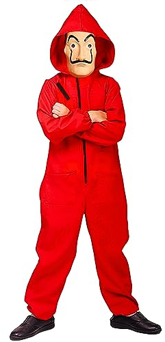 Costume Completo La Casa di Carta | Costume Kit Integrale per la Serie | Tuta Rossa con Cappuccio Bambino (6-10 Anni / 140 cm) + Maschera Ufficiale Dali | Sera | Ladro | Ladro | Ladro | OriginalCup®