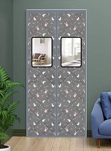 Cozomiz Wärmeschutzvorhang Magnet Thermo Türvorhang Isolier Schutz Panel-Isolierung Thermovorhang Verdunklungsgardine Winddicht 130x210 PU Leder Kaninchen Grau mit Fenster