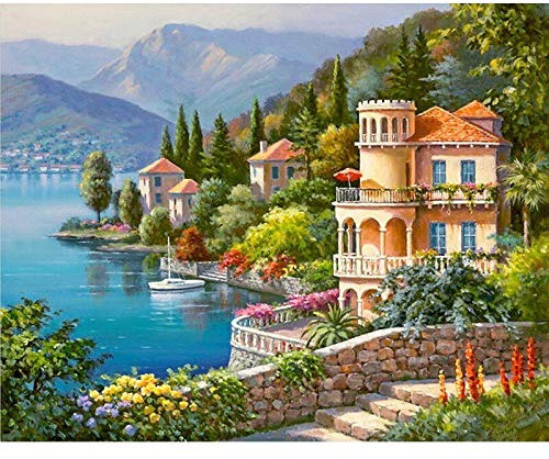 DFKJ Diamantmalerei Volldiamant Runde Landschaft 5D DIY Diamant Stickerei Landschaft Baum Strass Sonnenaufgang Bild A18 40x50cm