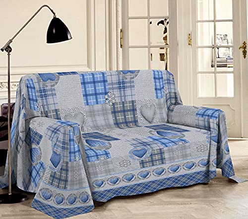 HomeLife - Überwurf Sofaüberwurf bunt Patchwork Herzen [250 x 290 cm] - Überwurf Multifunktions-Sofaüberwurf aus Baumwolle - Granfoulard Tagesdecke Sommerdecke Doppelbett - Blau