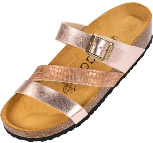 Palado Pantoletten Damen Chios - bequeme Sandalen Made in Spain - Hausschuhe mit dämpfendem Kork-Fußbett - modische Sommerschuhe Metallic Rosegold UK7 - EU40