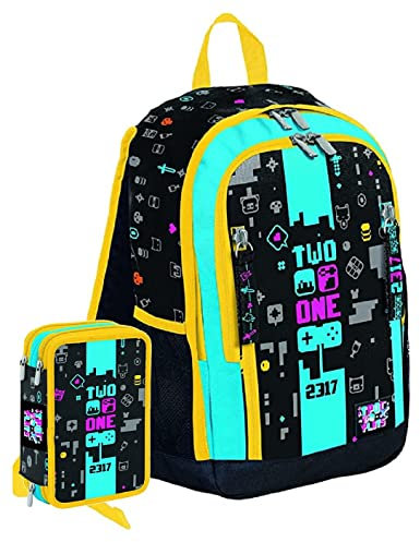 Schoolpack Zaino Seven Two Players One Console Nero + Astuccio Completo Triplo con Colori + Omaggio Portachiavi Cubo