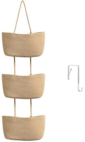TeoKJ Cestino da appendere sopra la porta, 3 livelli in corda di cotone intrecciata per la cameretta dei bambini, cesto portaoggetti da parete decorativo in iuta
