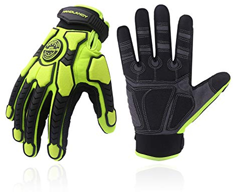 HLDD HANDLANDY Schwerlast Arbeitshandschuhe, SBR Polsterung, TPR Schutz Aufprallhandschuhe, Anti Vibrations Mechaniker Arbeitshandschuhe für Herren und Damen Touchscreen (Grün, M)