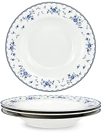 fanquare 4 Stück Keramik Weiß Suppenschalen Set Ø 218 mm Porzellan Tief Suppentelle Set, Blau Blumen Pastateller