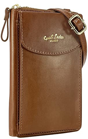 Gusti Handytasche Leder - Silvia Crossbody Tasche Umhängetasche Brieftasche Geldbörse Ledertasche Schultertasche Handy Vintage Braun Leder
