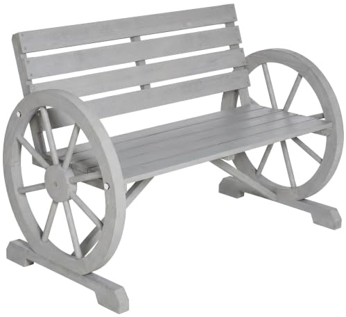 Outsunny 2 Seater Garden Bench with Wooden Cart Wagon Wheel Carbon Grey | Outdoor Armrest Bench, Patio Rustic High Back Loveseat, for Park Balcony Porch