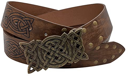 Thajaling Mittelalterlicher keltischer Knotengürtel aus Leder, Wikinger geprägter Rittergürtel, Vintage LARP-Gürtel für Cosplay-Kostümzubehör (Braun)