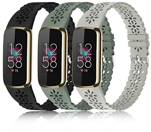 Schlanke Sportarmbänder, kompatibel mit Fitbit Luxe für Damen, weiches Silikon, Spitze, dünn, ausgehöhlt, Ersatzarmbänder, atmungsaktive Bänder für Fitbit Luxe Fitness-Smartwatch, 3 Stück