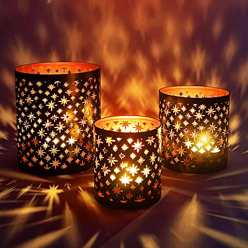 MARRAKESCH 3er Set Windlicht 14cm Gross aus Metall Orientalische Teelichthalter Hamman Schwarz Kupfer als Tischdeko