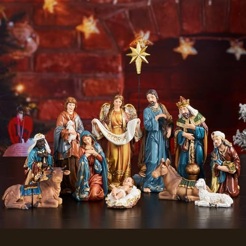 TOETOL Krippen-Sets für Weihnachten Indoor Set von 13 Stück 20 cm hoch Szene Harz Figuren Heilige Familie mit Ruhm Engel Tischplatte Urlaub Dekorative Ornament Religiöse Geschenke
