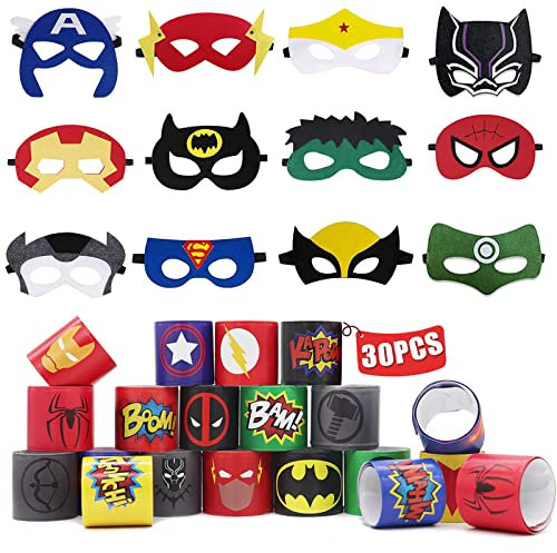 18 braccialetti Superhero Slap e 12 maschere in feltro di dimensioni regolabili per borse da festa, accessori per feste di compleanno, cosplay, travestimenti in maschera (set A-30 pezzi)