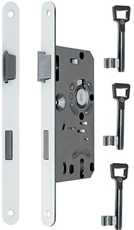 SN-TEC Standard Zimmertürschloss/Türschloss mit 3 Schlüsseln, mit weißer Stulp, 55/72/8, Stulp: 20 x 235mm abgerundet weiß DIN Links (BB LINKS mit 3 Schlüsseln)