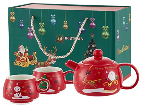 YBK Tech - Teiera creativa per 2 persone, teiera in ceramica e 2 tazze, serie natalizia (rosso)