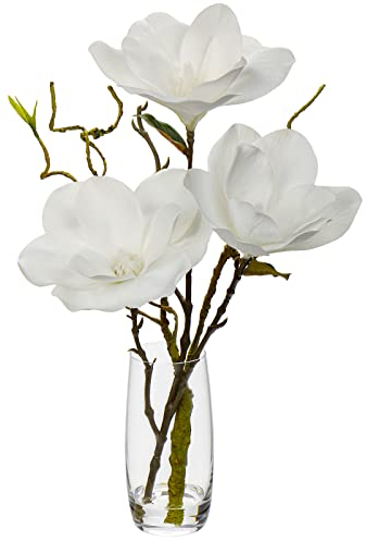 Oairse Kunstpflanze Magnolien-Kunstblumen in Glasvase mit künstlichen Wasser Künstliche Deko Blumen Kunstblumen Wie Echt Mit Real-Touch Blüten Tischdeko Fensterbank Deko, Weiß