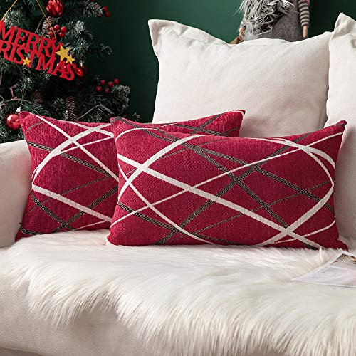 MIULEE Weihnachten Kissenbezug Dekorative Chenille Geometrisch Moderne Dekokissen Kissenbezüge Kissenhülle Zierkissen Sofakissen Für Sofa Wohnzimmer Schlafzimmer 2er Set 40x60 cm Rot