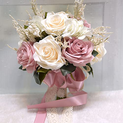 Wedding Bouquets For Bride, Champagne White Rose Bridal Bouquets For Bride With Silk Ribbon, Artificial Flower Bouquet For Wedding, Bridesmaid Bouquets For Valentine's Day Ceremony Church Decor