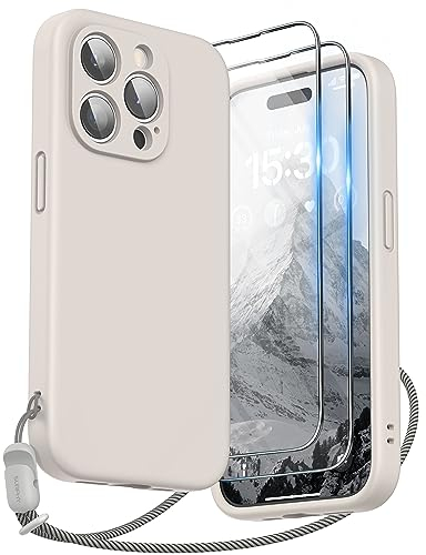 SURPHY kompatibel mit iPhone 15 Pro Hülle Silikon mit Band & Displayschutzfolie 6,1 2023, Handyhülle iPhone 15 Pro Case mit Kameraschutz, iPhone 15 Pro Schutzhülle, Stone