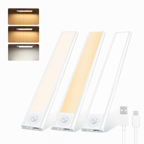 20CM Luz de Armario con Sensor Movimiento, 36 LED Cocina Bajo Mueble USB Recargable, Luz Nocturna con 3 Color 4 Modos, Regulable Lampara LED Adhesiva para Gabinete, Pasillo, Escalera, 3 Piezas