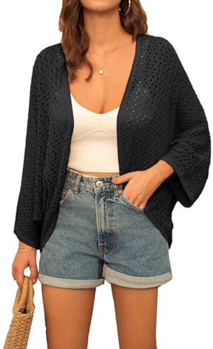 GRACE KARIN Ladies Summer Cardigans Short Lightweight 3/4 Batwing Sleeve Kimono Cardigans Open Front Casual Beach Cover Ups Black S