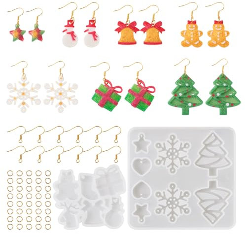 PandaHall 2pcs Christmas Tree Resin Mould Snowman Snowflake Pendant Silicone Molds with Earring Hooks Jump Rings for Epoxy Casting Crafts Jewellery Making